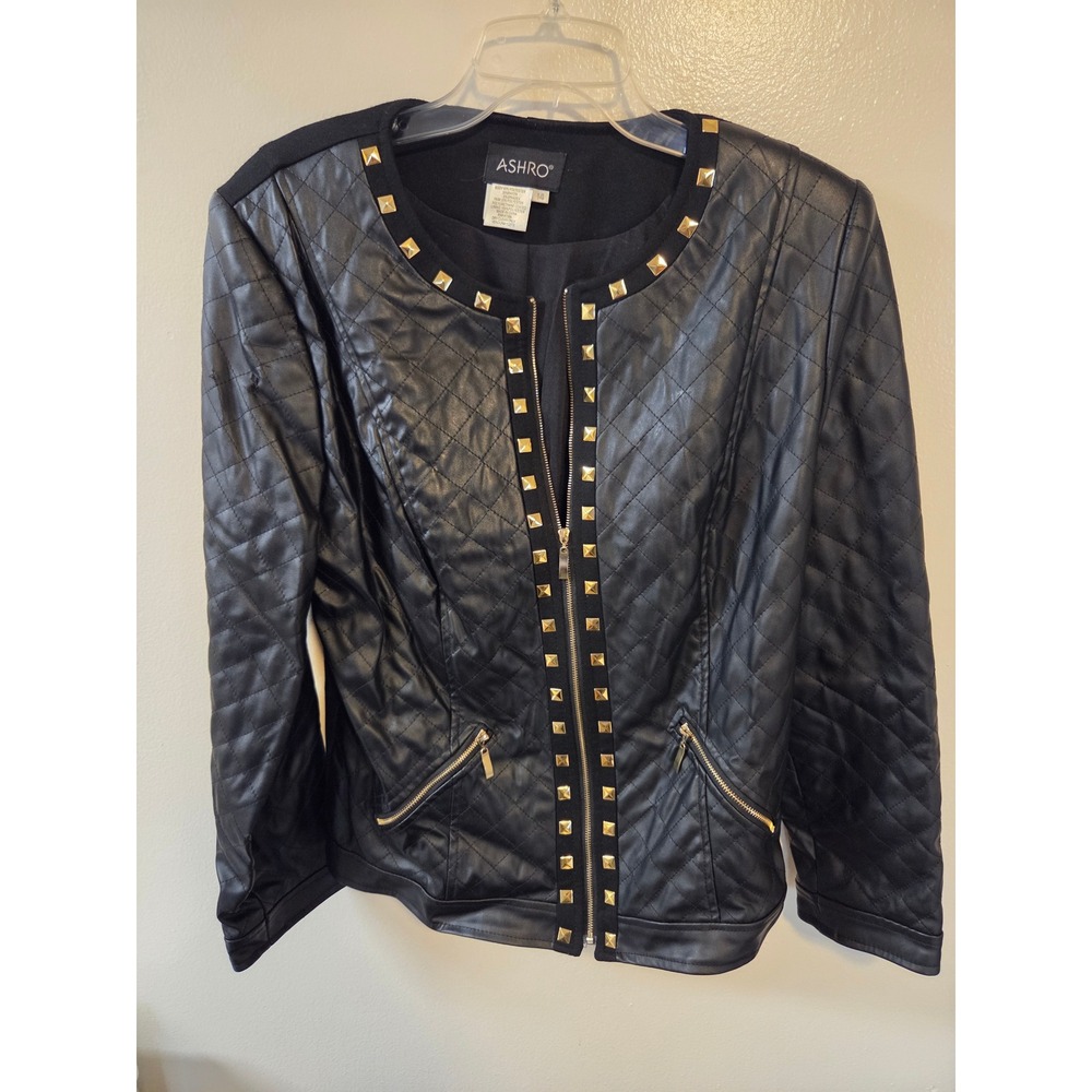 Ashro Black Quilted Faux Leather Studded Moto Jacket Size 14 Gold Studs Zip Up